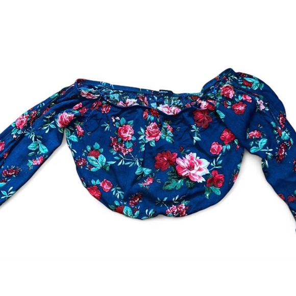 Ambiance Tops - Ambiance Floral Off-Shoulder Blouse - Blue and Red